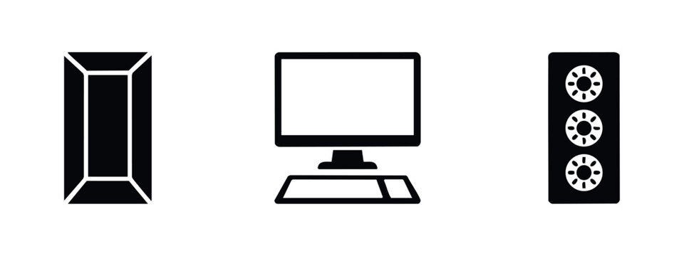 Minimalist black and white computer hardware icons featuring a desktop monitor with keyboard, a PC tower case, and a server unit with cooling fans.