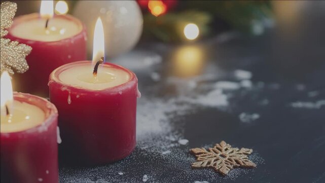 A row of three lit red candles with snowflakes and tinsel in the background.