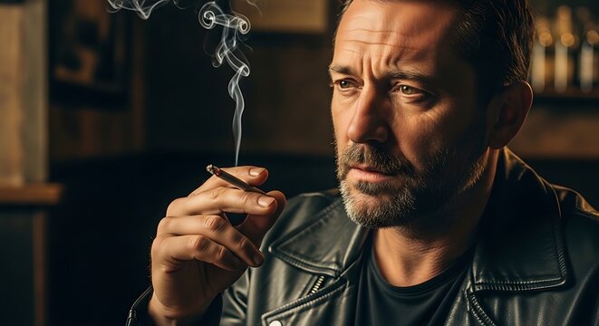 Serious Middle Aged Man Holding Cigarette in Dimly Lit Bar Interior