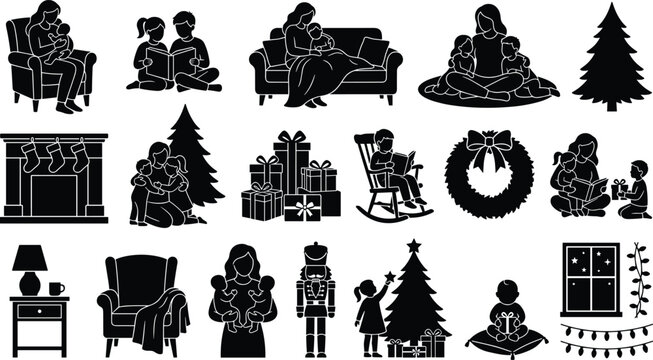 Christmas winter family moments holiday cozy activities black silhouettes set for graphic design