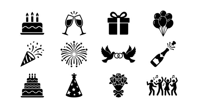 Celebration Icons Vector Set: Birthday Cake, Champagne Toast, Gift Box, Balloons, Party Popper, Fireworks, Doves, Champagne Bottle, Party Hat, Bouquet, Dancing Figures