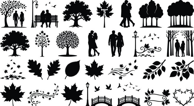Fall season silhouettes couples walking trees falling leaves and romantic embrace