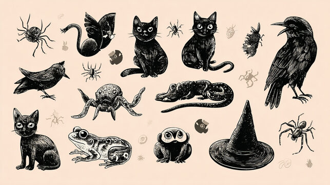 Witch Familiar Animals Vector Set with Hand-Drawn Black Cats Illustration