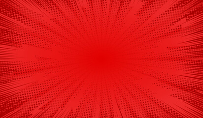 Fototapeta premium Comic background. Red background in pop art comics style. Cartoon thunder lightning. Game show. Funny book page. Fun dot popart pattern for sale. Sunburst bubble. Starburst bg. Vector illustration