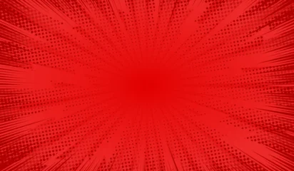 Fotobehang Pop Art Comic background. Red background in pop art comics style. Cartoon thunder lightning. Game show. Funny book page. Fun dot  popart pattern for sale. Sunburst bubble. Starburst bg. Vector illustration  © Omeris