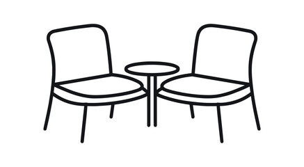 Obraz premium Two chairs with small round table icon. seating, lounge, waiting area, cafe, conversation, hospitality, meeting spot. line vector illustration.
