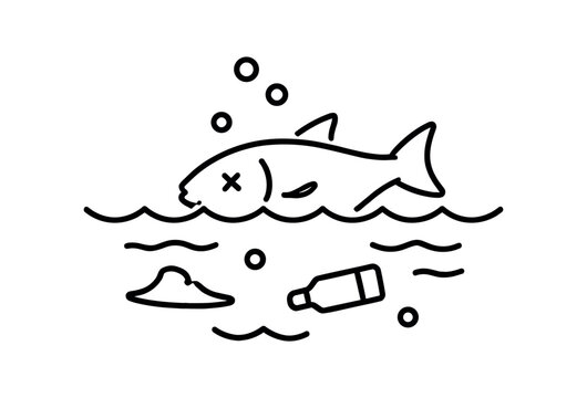 A line drawing of a dead fish floating among waves, bubbles, a small mound of trash and a plastic bottle to illustrate ocean pollution and marine life harm.