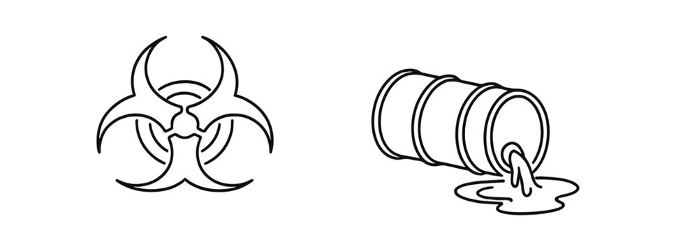 Biohazard symbol next to leaking barrel for hazardous waste and chemical spill warning flat vector icon