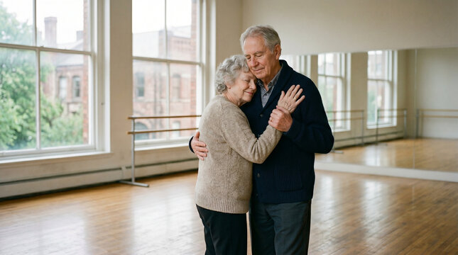 Senior couple slow dancing in a bright dance studio