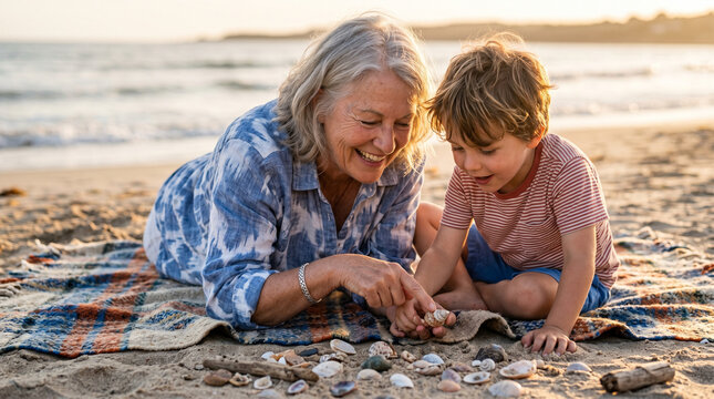 Grandmother and grandson looking at seashells on the beach