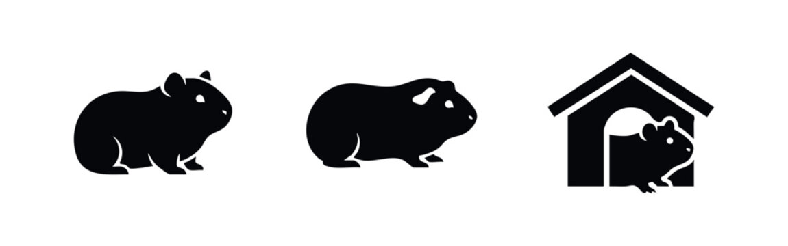 Set of three black guinea pig silhouette icons on white background, featuring various poses and a cavy in its small house hideout.