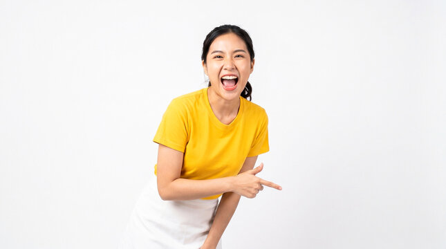 An Asian Woman Pointing and Laughing Joyfully