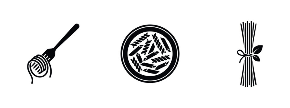 Minimalist black icons of Italian pasta including spaghetti on a fork, a bowl of mixed penne and fusilli, and a bundle of raw spaghetti noodles.