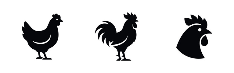 Set of black chicken and rooster silhouettes, featuring a hen, full rooster, and rooster head icon isolated on a white background. © Lili