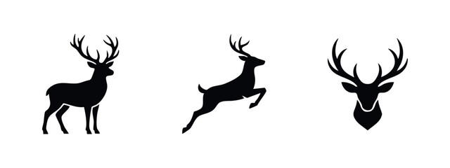 Collection of three black deer silhouettes featuring a standing stag, a leaping buck, and a deer head with large antlers on a white background. © Lili