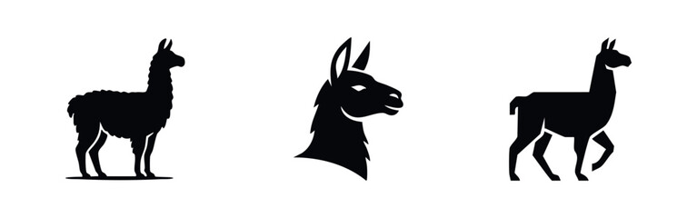 Fototapeta premium Minimalist collection of black llama and alpaca silhouettes, featuring full body profiles and a head icon on a clean white background.