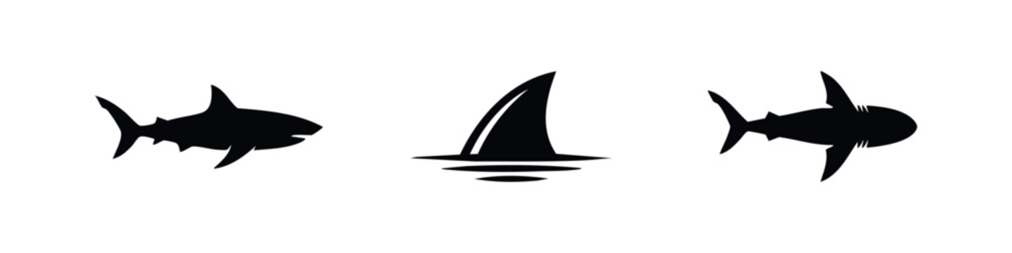 Minimalist black silhouettes of sharks and a shark fin above water, isolated on a white background. Vector set of marine predator icons.