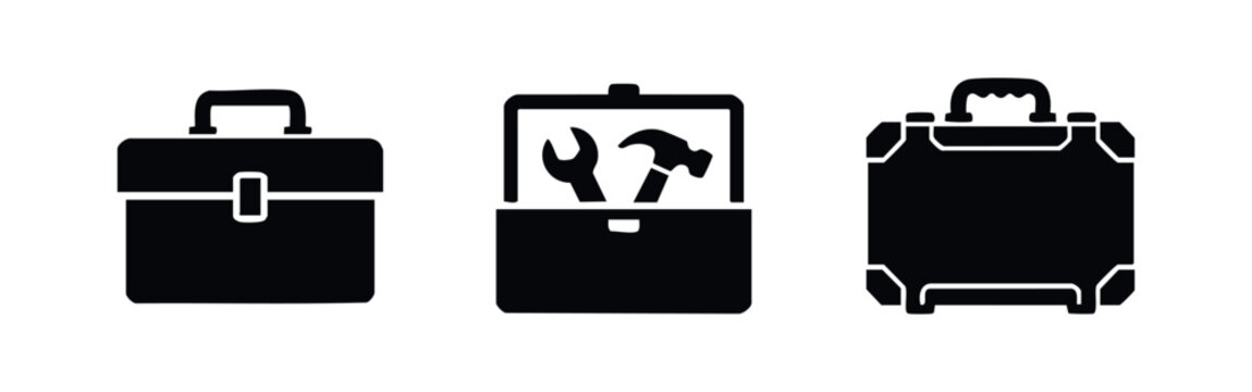 A set of three minimalist black toolbox icons on a white background, featuring closed and open versions with tools including a hammer and wrench.