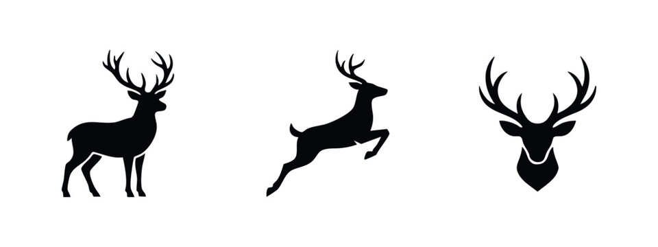 Collection of three black deer silhouettes featuring a standing stag, a leaping buck, and a deer head with large antlers on a white background.