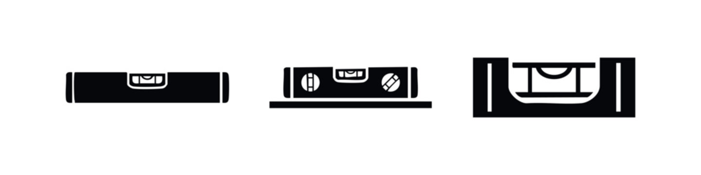 Set of three black spirit level icons in different styles, representing measurement tools for construction, carpentry, and DIY home improvement.