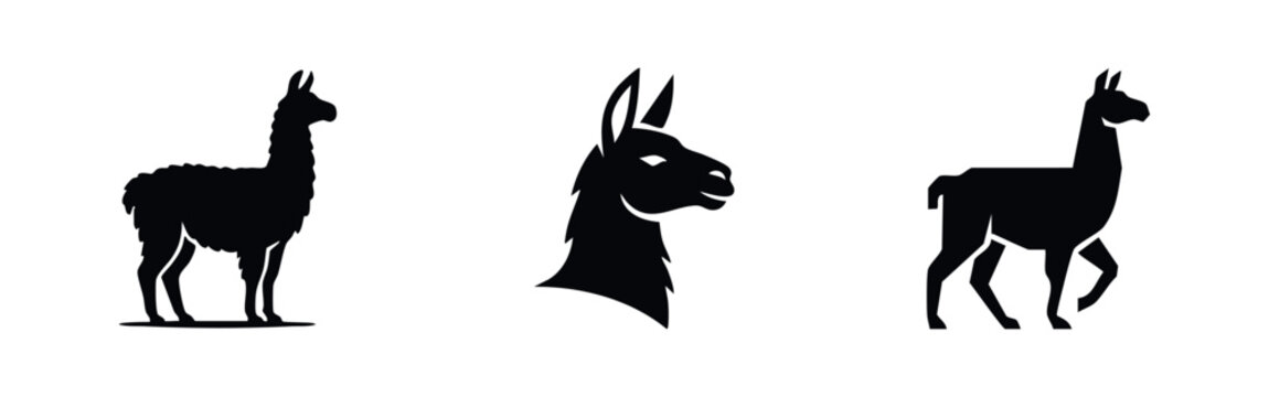 Minimalist collection of black llama and alpaca silhouettes, featuring full body profiles and a head icon on a clean white background.