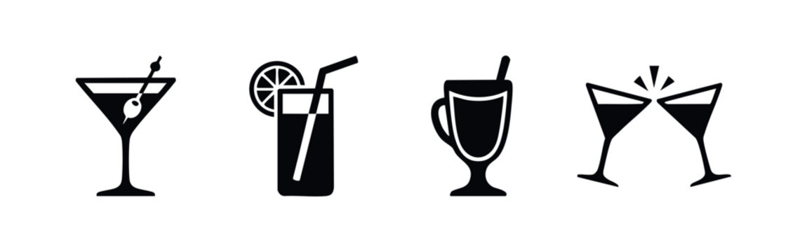Set of minimalist black cocktail and beverage icons on a white background, featuring a martini, juice, coffee, and a celebratory toast.