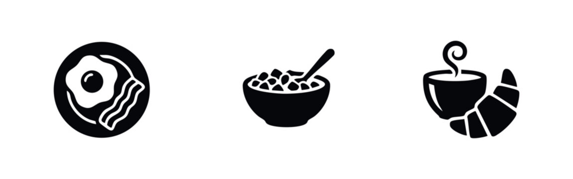 Set of three minimalist black breakfast icons on a white background, featuring fried egg with bacon, a cereal bowl, and coffee with a croissant.