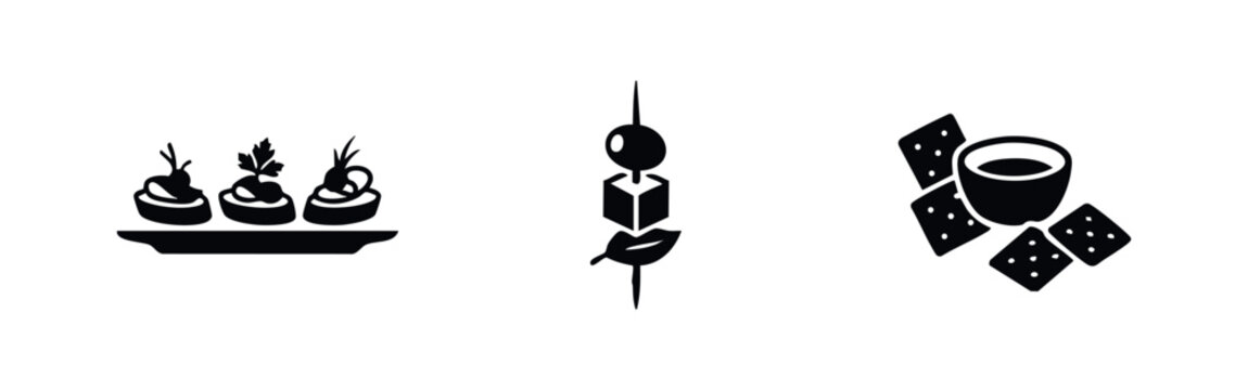 Set of black silhouette snack icons including canapes on a platter, a food skewer with olive and cheese, and a bowl of dip with crackers.