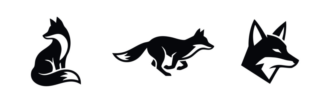 Set of minimalist black fox icons on white background, including sitting, running, and head profile silhouettes for modern branding and logo design.