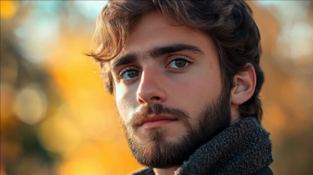 A young bearded man with dark hair looking to the side against a blurred autumn foliage background.