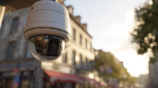 Modern outdoor dome CCTV security camera monitoring a city street. Concept of public safety, urban surveillance, crime prevention, and privacy in a busy metropolitan environment