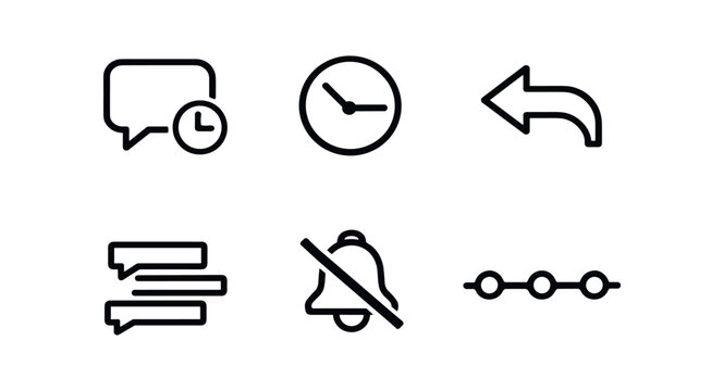 Communication and notification icon set. chat, message, clock, reply, mute, timeline, scheduling, alerts. line vector illustration.