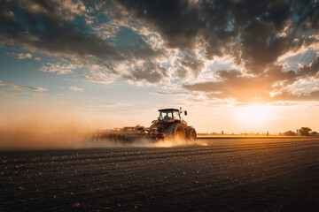 Fototapeta premium Modern tractor plowing a field at sunset, creating a cloud of dust. Concept of industrial agriculture, seasonal farm work, and food production in a beautiful rural landscape at dawn