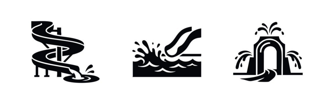 Set of black and white icons representing water park attractions, including a spiral waterslide, a splash into a pool, and an arched fountain.
