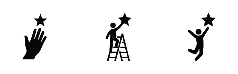 Black and white icons representing achievement and ambition, featuring a hand reaching, a person on a ladder, and jumping for a star. © Lili