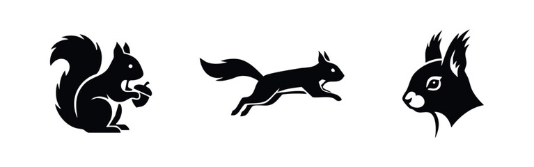 Three minimalist black squirrel icons featuring a sitting squirrel with an acorn, a jumping squirrel, and a profile head shot on a white background. © Lili