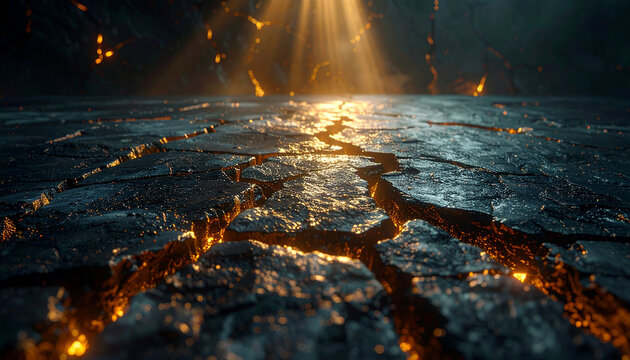 Fiery Earth and Divine Light: Dramatic scenery featuring a cracked earth surface infused with fiery veins and bathed in a golden light, creating a sense of both destruction and hope.