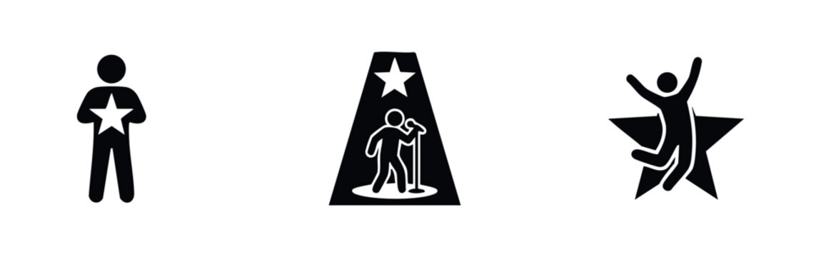 Set of black and white performance icons showing talent, fame, and success with stars, spotlights, and singers. Minimalist vector illustration.