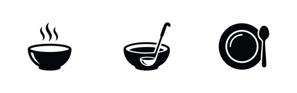 Minimalist black icon set featuring steaming soup bowls, a ladle, and a plate with a spoon. Perfect for restaurant menus, logos, and kitchen decor.
