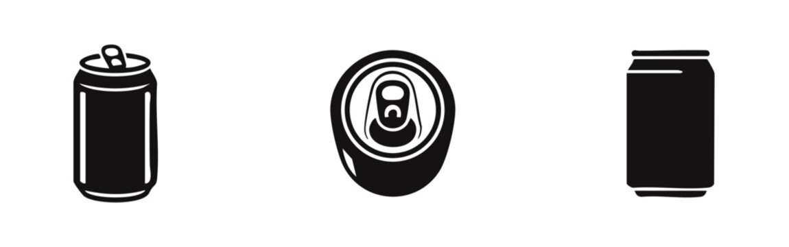 Set of minimalist black beverage can icons showing side, top-down, and front views. Ideal for soda, beer, or aluminum packaging design concepts.