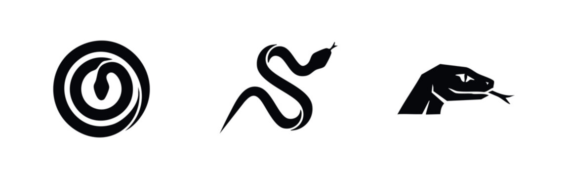 Set of three minimalist black snake silhouettes and icons, featuring a coiled snake, an 'S' shaped serpent, and a snake head on a white background.