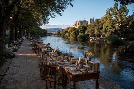 Riverfront book sale with classic architecture and lush greenery