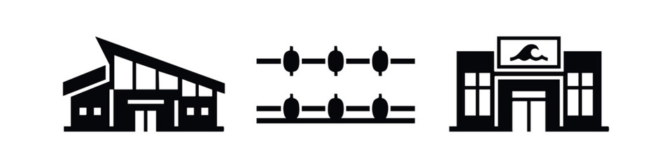 Minimalist black icons of a modern aquatic center, swimming pool lane markers, and a leisure center building on a white background. © Lili
