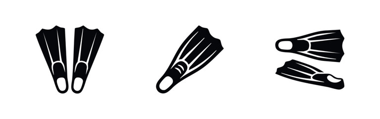 Set of black diving flipper icons on white. Minimalist vector illustration of swimming fins for snorkeling and scuba diving adventures. © Lili