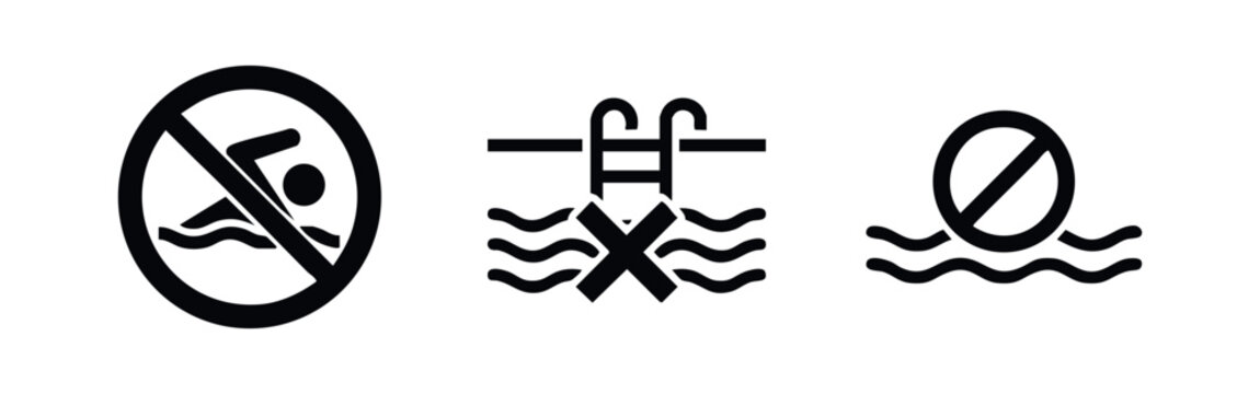 Set of black and white no swimming icons and water safety symbols. Minimalist signs for restricted pool access and prohibited swimming areas.
