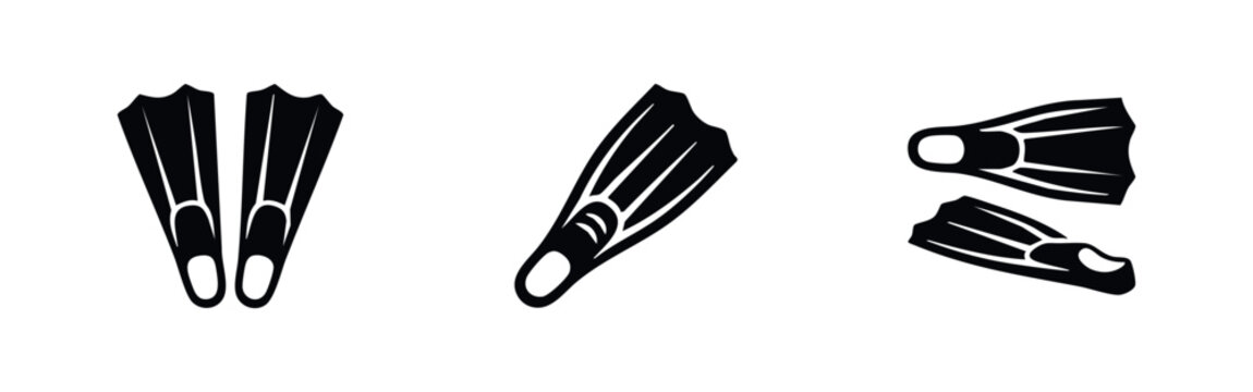 Set of black diving flipper icons on white. Minimalist vector illustration of swimming fins for snorkeling and scuba diving adventures.