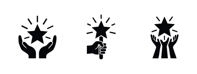 Fototapeta premium Set of black icons representing success, quality, and magic, featuring hands holding and reaching for shining stars on a white background.