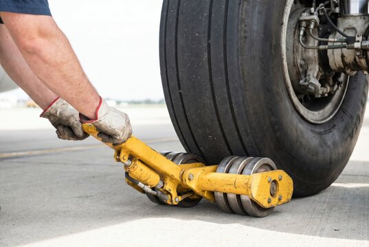 Aviation mechanic hands placing a heavy yellow metal wheel chock under a large aircraft tire
