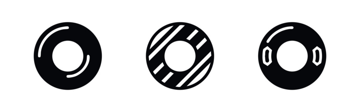 Set of three minimalist black swim ring icons on white background, including plain, striped, and handled designs for summer or pool themes.