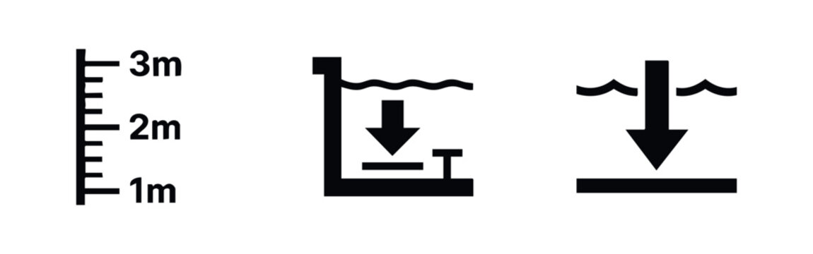 Collection of black water depth icons featuring a meter scale and liquid level indicators for swimming pool safety and depth measurement.
